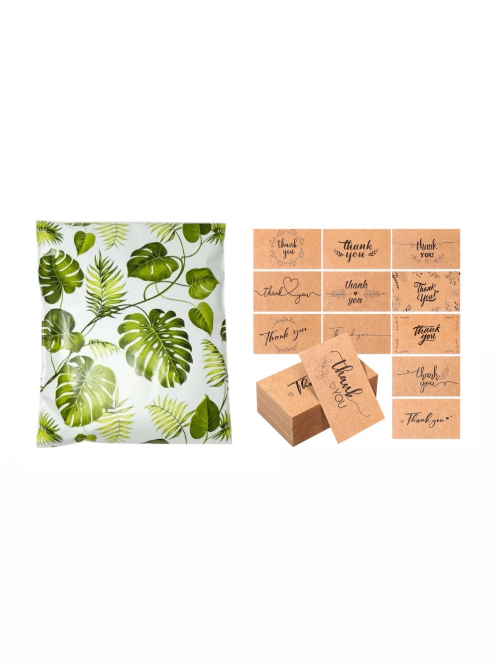 28 Piece Tropical Green Leaf Mailers with Kraft Thank You Cards